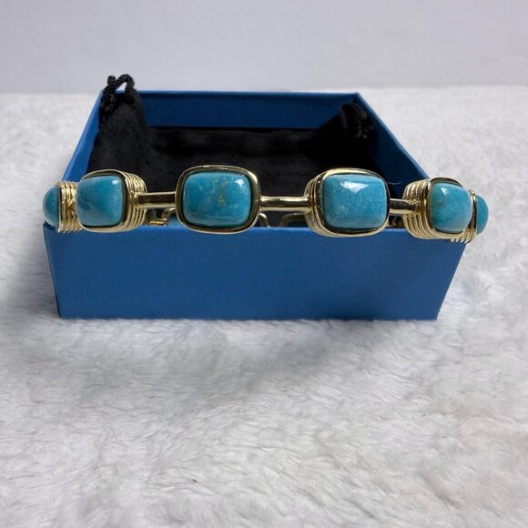 Blue Kingman Turquoise Bangle Bracelet 18k Gold Over Silver JTV Vintage 8" Jewel - Picture 8 of 10